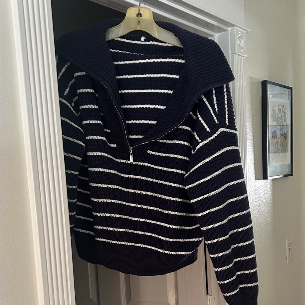 Navy and White Striped Women's Sweater